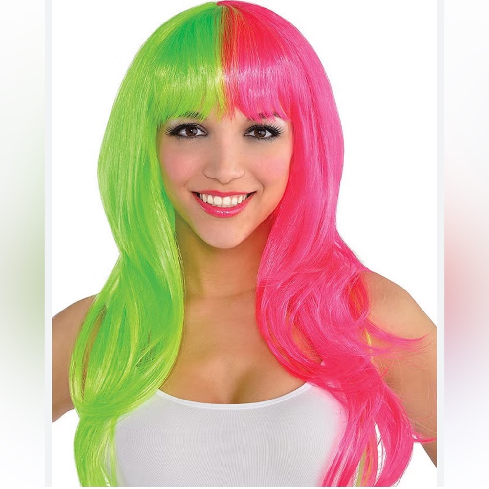 Glam Neon pink and green Wig Black Light Reactive Colors NEW costume Halloween